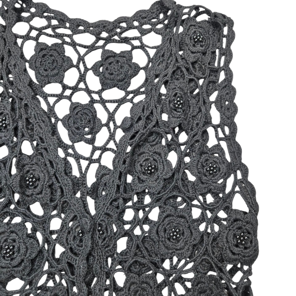 Vintage Crochet Beaded Black Vest Floral Handmade Cotton M L - Picture 3 of 7